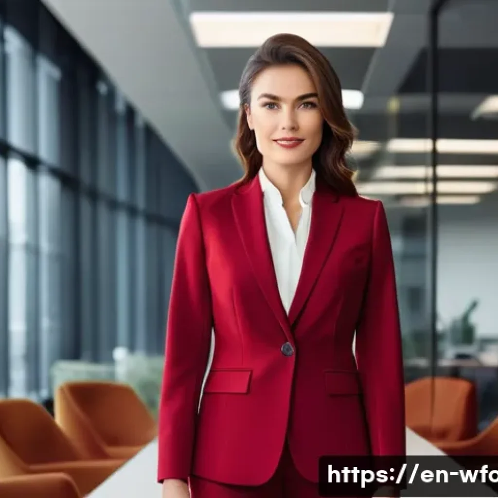 양식의 역사와 문화 - A sophisticated businesswoman wearing a tailored, deep red power suit standing confidently in a mode...