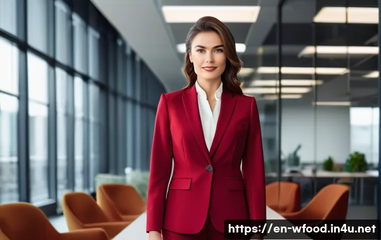 양식의 역사와 문화 - A sophisticated businesswoman wearing a tailored, deep red power suit standing confidently in a mode...