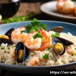 해산물 리조또 만드는 법 - A close-up, high-resolution image of a gourmet seafood risotto on a rustic wooden table, featuring p...