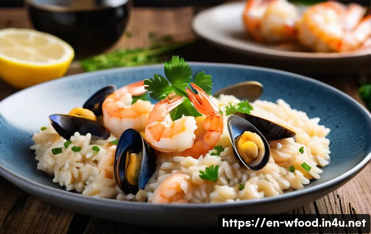 해산물 리조또 만드는 법 - A close-up, high-resolution image of a gourmet seafood risotto on a rustic wooden table, featuring p...