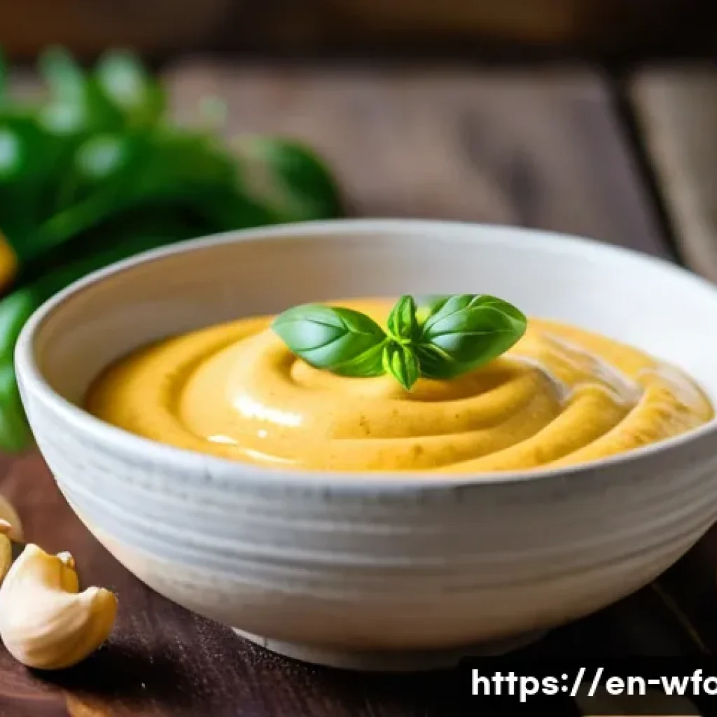 비건 라자냐 만들기 - A close-up, high-resolution image of a creamy vegan cheese sauce in a rustic ceramic bowl on a woode...