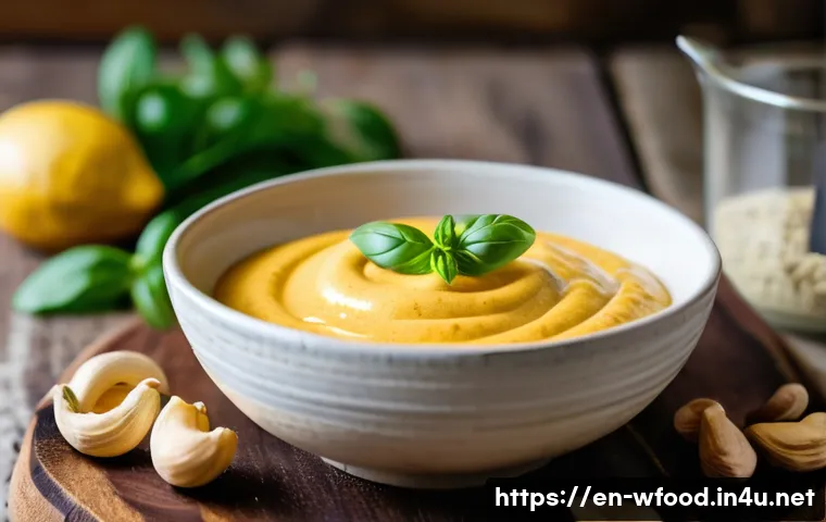 비건 라자냐 만들기 - A close-up, high-resolution image of a creamy vegan cheese sauce in a rustic ceramic bowl on a woode...