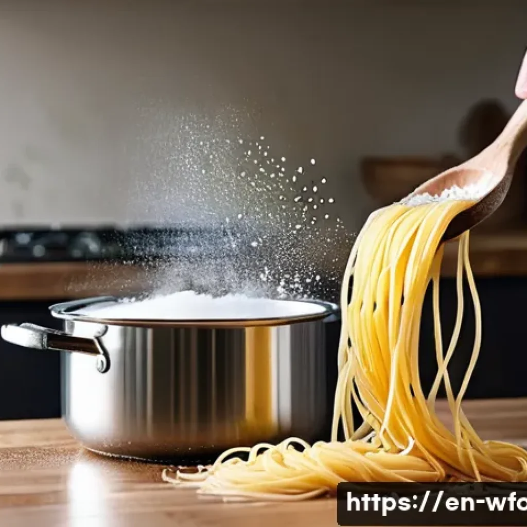 파스타 삶는 꿀팁 - A bright, modern kitchen scene featuring a large stainless steel pot filled with vigorously boiling ...