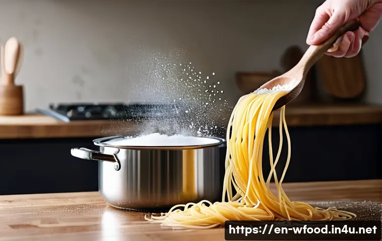 파스타 삶는 꿀팁 - A bright, modern kitchen scene featuring a large stainless steel pot filled with vigorously boiling ...