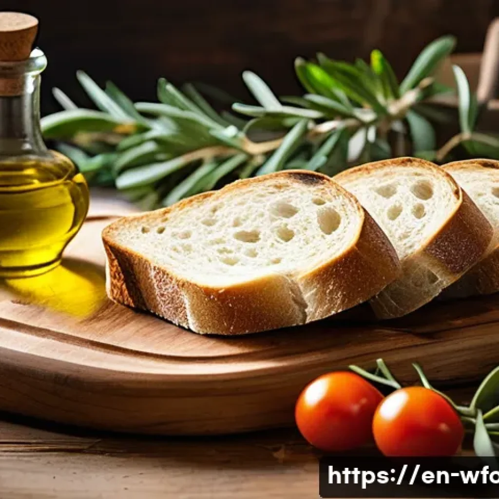 브루스케타 만들기 - A rustic Italian kitchen scene featuring a wooden cutting board with several slices of toasted bague...