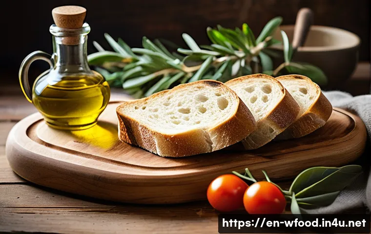 브루스케타 만들기 - A rustic Italian kitchen scene featuring a wooden cutting board with several slices of toasted bague...