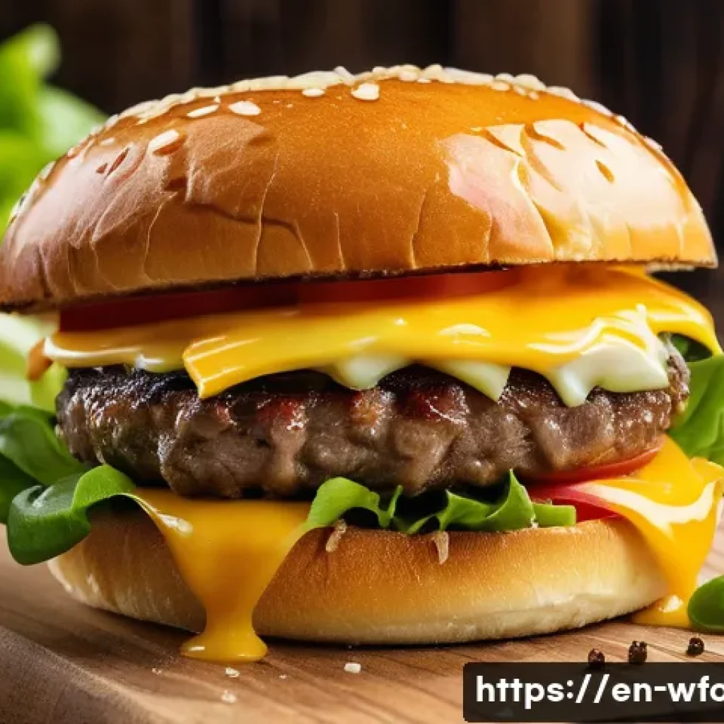 양식용 치즈 종류와 용도 - A close-up, high-resolution image of a gourmet cheeseburger on a rustic wooden table, featuring a ju...