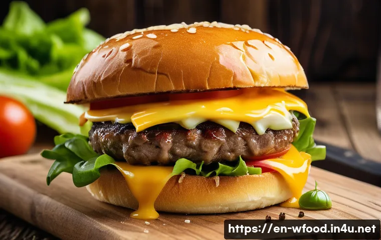 양식용 치즈 종류와 용도 - A close-up, high-resolution image of a gourmet cheeseburger on a rustic wooden table, featuring a ju...