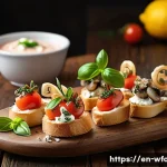 Home 21 레스토랑에서 양식 메뉴 고르는 법 - A sophisticated appetizer platter featuring a variety of small plates arranged elegantly on a rustic...