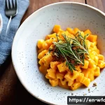 Home 20 양식 조리법의 창의적 변형 - A creamy mac and cheese dish artfully plated in a rustic ceramic bowl, featuring a smooth, vibrant o...
