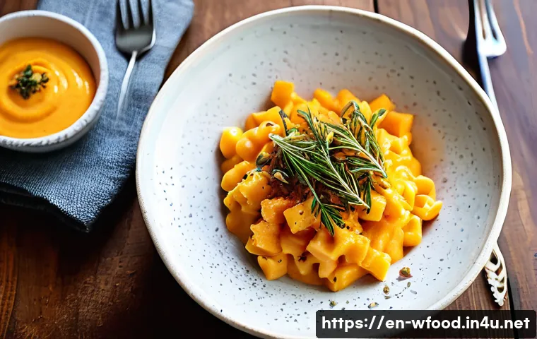 양식 조리법의 창의적 변형 - A creamy mac and cheese dish artfully plated in a rustic ceramic bowl, featuring a smooth, vibrant o...