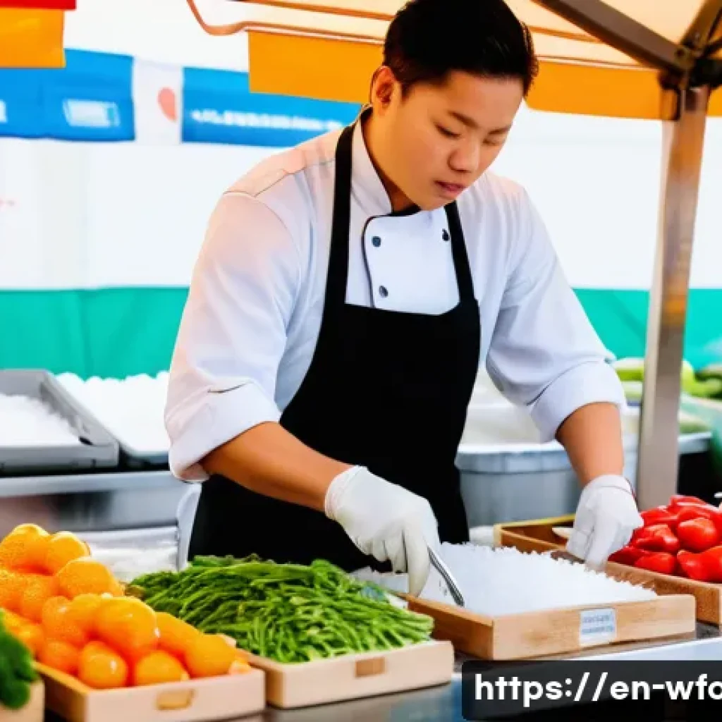 양식 조리법과 HACCP 기준 - A professional kitchen scene focusing on ingredient selection: a chef wearing a clean white apron in...