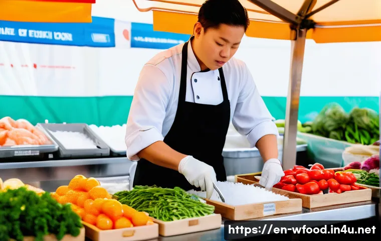 양식 조리법과 HACCP 기준 - A professional kitchen scene focusing on ingredient selection: a chef wearing a clean white apron in...
