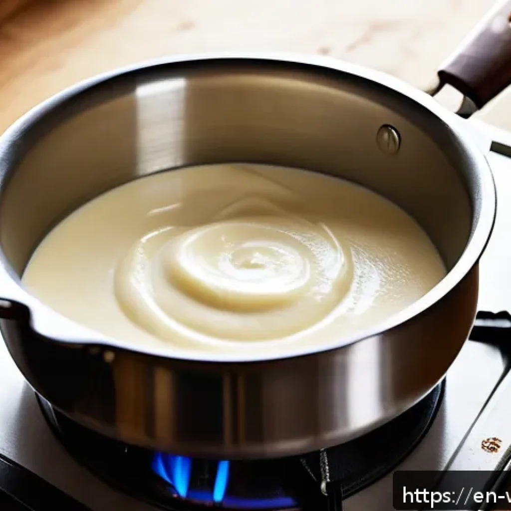 양식 소스별 특징 - A close-up, high-resolution image of a creamy béchamel sauce being whisked in a stainless steel sauc...