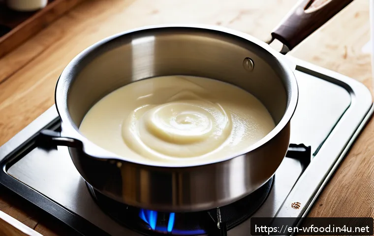 양식 소스별 특징 - A close-up, high-resolution image of a creamy béchamel sauce being whisked in a stainless steel sauc...
