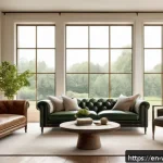 Home 23 유럽 양식과 미국 양식의 차이 - A sophisticated European living room bathed in soft natural light from large, unobstructed windows, ...