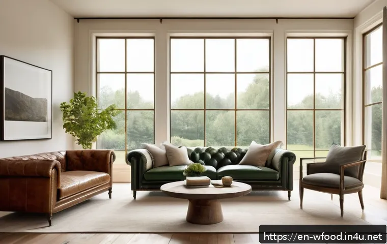 유럽 양식과 미국 양식의 차이 - A sophisticated European living room bathed in soft natural light from large, unobstructed windows, ...