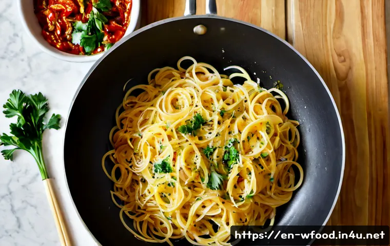 알리오 올리오 만드는 법 - Photorealistic overhead cooking scene of classic aglio e olio preparation in a clean home kitchen, a...