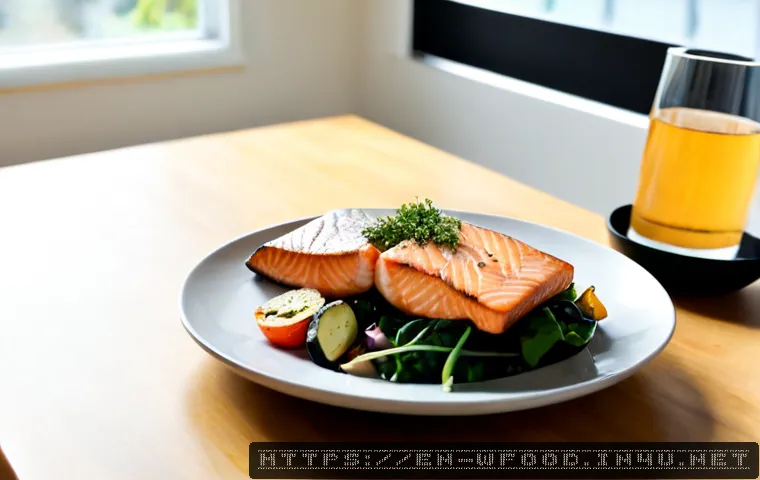 양식과 관련된 건강 상식 - Photorealistic healthy Western-style meal on a bright home dining table, grilled salmon, roasted veg...